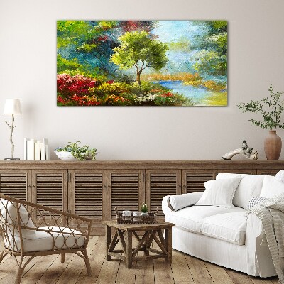 Spring landscape with a tree and flowers Glass Wall Art