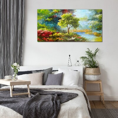 Spring landscape with a tree and flowers Glass Wall Art