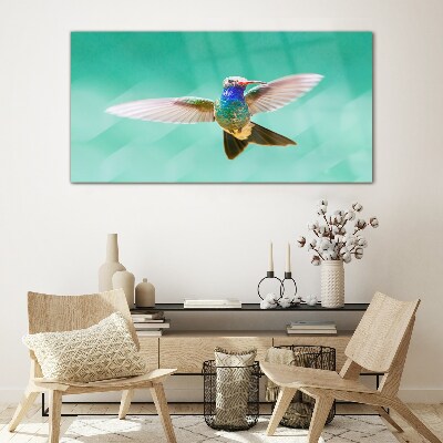 Hummingbird in blue background Glass Wall Art