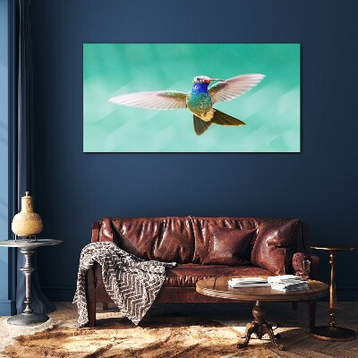 Hummingbird in blue background Glass Wall Art