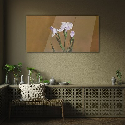 Iris flowers on a brown background Glass Print