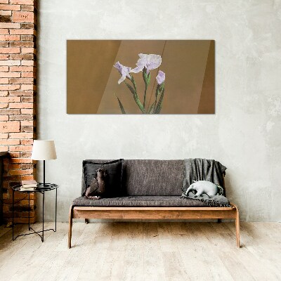 Iris flowers on a brown background Glass Print