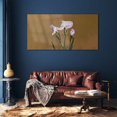 Iris flowers on a brown background Glass Print