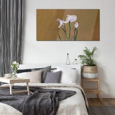Iris flowers on a brown background Glass Print