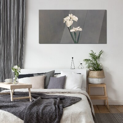 White irises on a gray background Glass Print