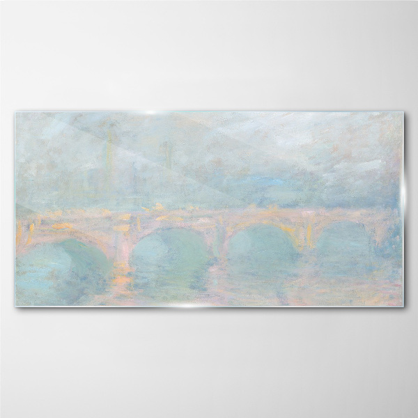 Bridge in the morning fog Glass Print