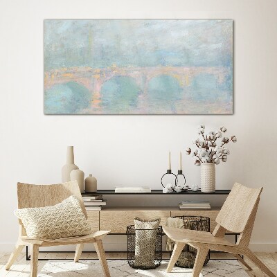 Bridge in the morning fog Glass Print