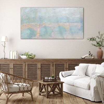 Bridge in the morning fog Glass Print
