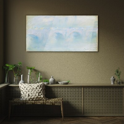 Bridge in the fog Glass Print