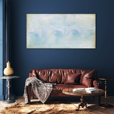 Bridge in the fog Glass Print