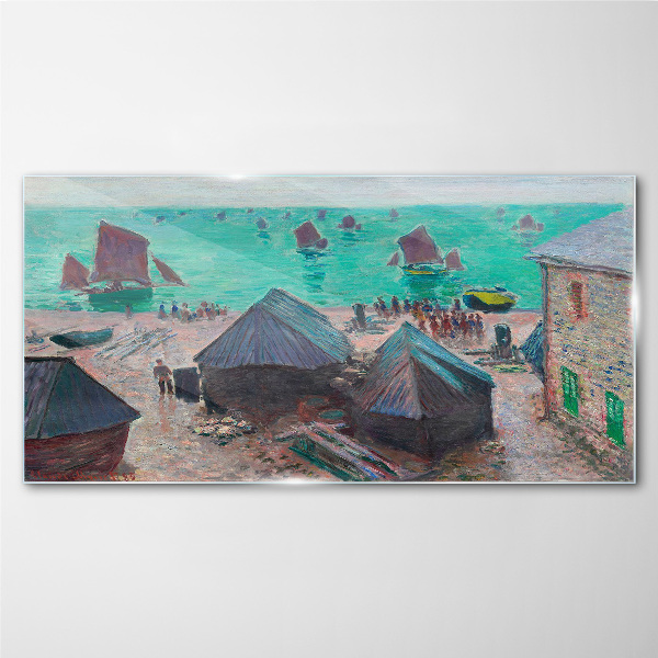 Seaside landscape with boats Glass Print