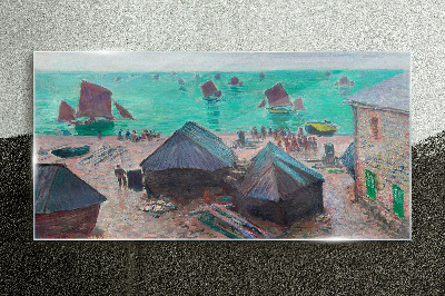 Seaside landscape with boats Glass Print