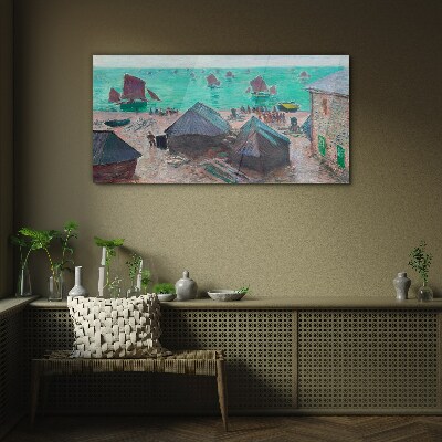 Seaside landscape with boats Glass Print