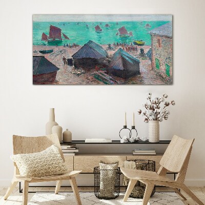 Seaside landscape with boats Glass Print