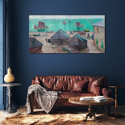 Seaside landscape with boats Glass Print