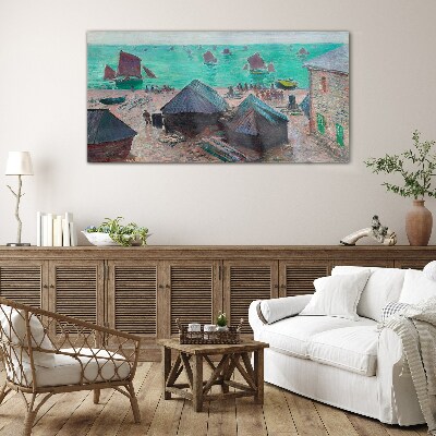 Seaside landscape with boats Glass Print