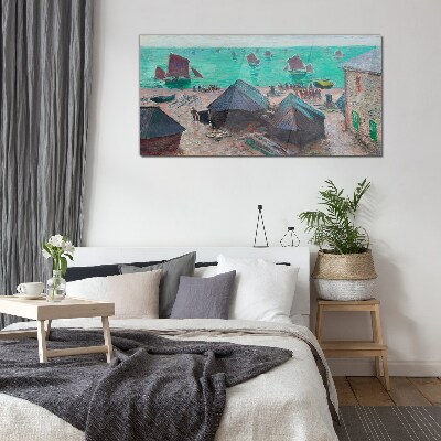 Seaside landscape with boats Glass Print