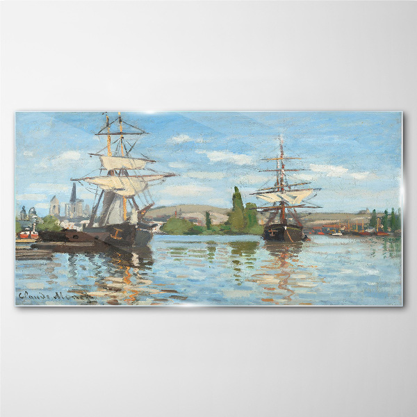 Sailing ships on the river Glass Print