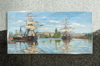 Sailing ships on the river Glass Print