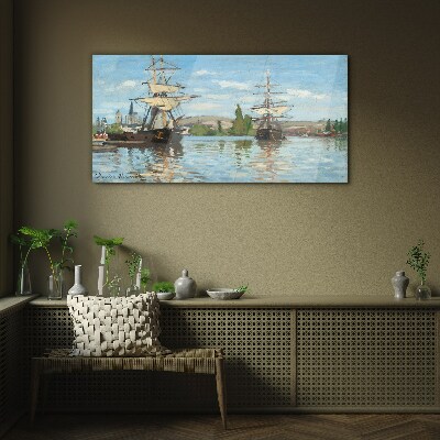 Sailing ships on the river Glass Print