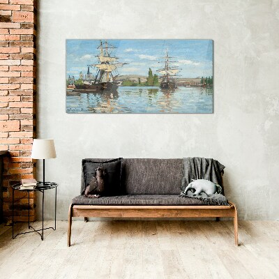 Sailing ships on the river Glass Print