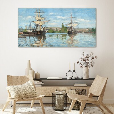 Sailing ships on the river Glass Print