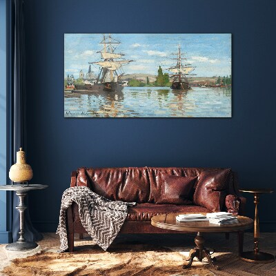 Sailing ships on the river Glass Print