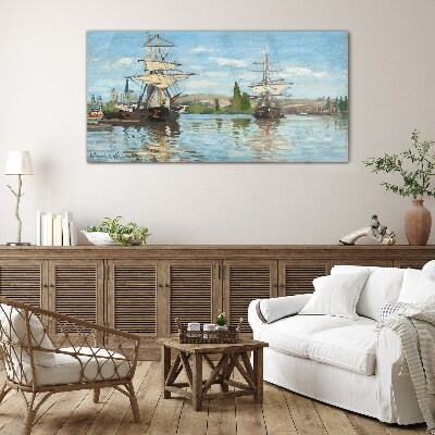 Sailing ships on the river Glass Print