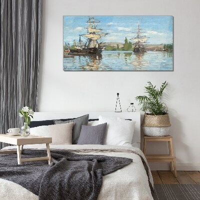 Sailing ships on the river Glass Print