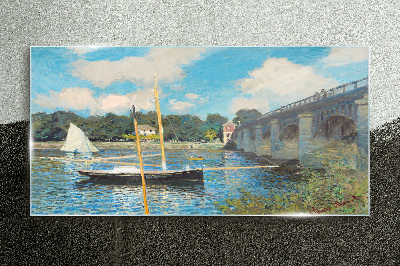 Monet bridge river boats Glass Print