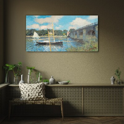 Monet bridge river boats Glass Print