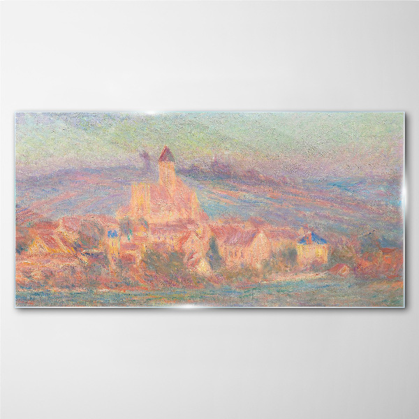 Misty landscape with a castle Glass Print