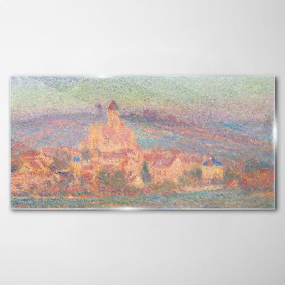 Misty landscape with a castle Glass Print