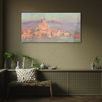 Misty landscape with a castle Glass Print