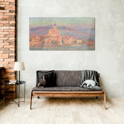 Misty landscape with a castle Glass Print