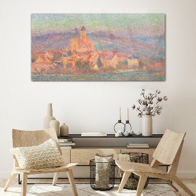 Misty landscape with a castle Glass Print
