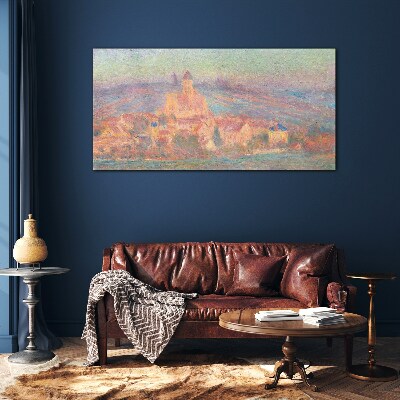 Misty landscape with a castle Glass Print