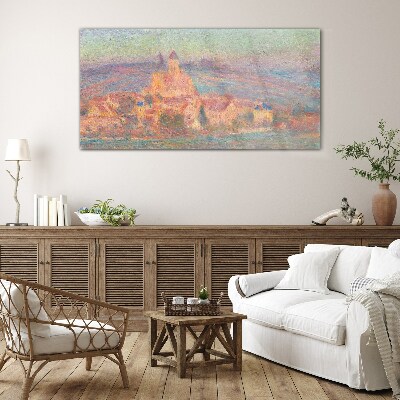Misty landscape with a castle Glass Print