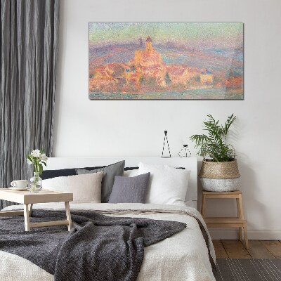 Misty landscape with a castle Glass Print