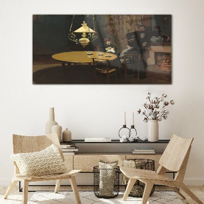 Evening at the table Glass Print