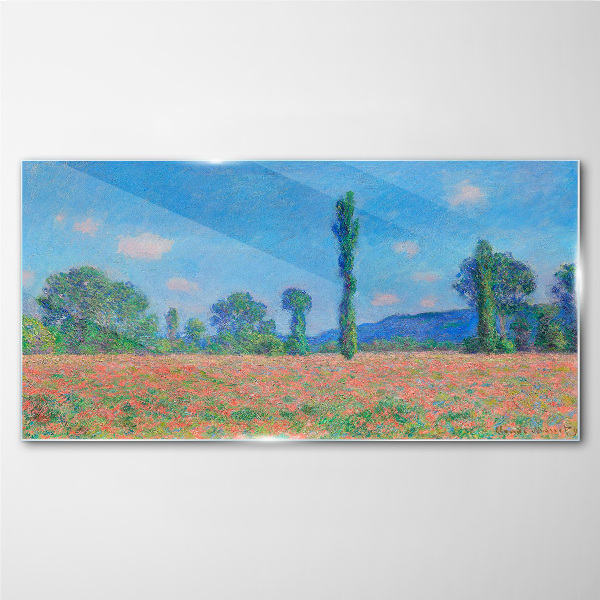 Flower field under blue sky Glass Print