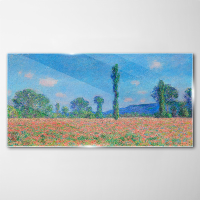 Flower field under blue sky Glass Print