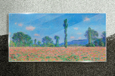 Flower field under blue sky Glass Print