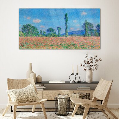 Flower field under blue sky Glass Print