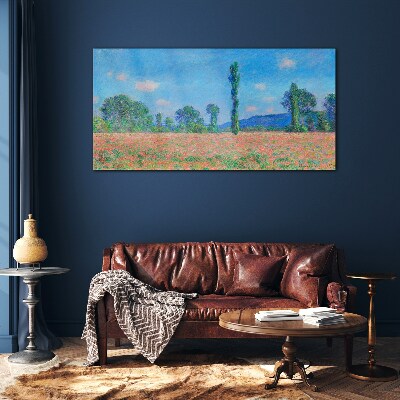 Flower field under blue sky Glass Print