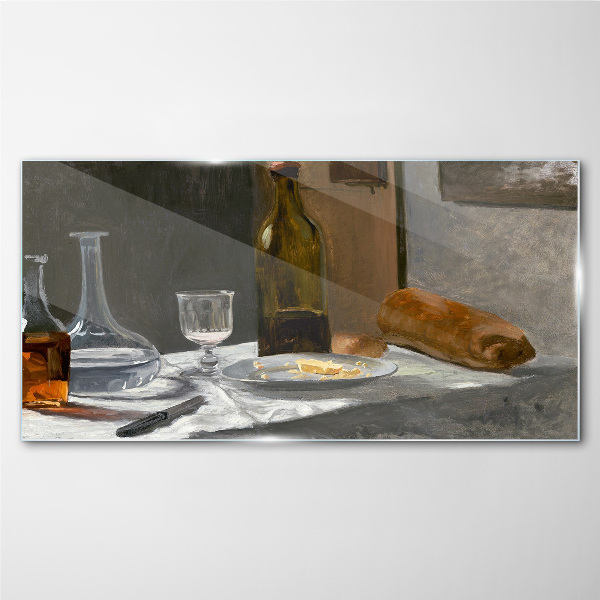 Still life with bottles and glass Glass Print