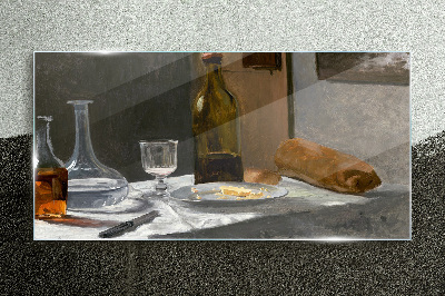 Still life with bottles and glass Glass Print