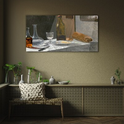 Still life with bottles and glass Glass Print