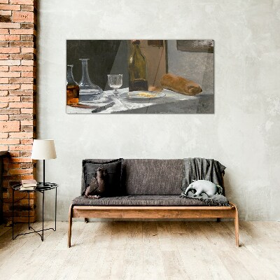 Still life with bottles and glass Glass Print