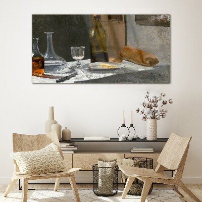 Still life with bottles and glass Glass Print